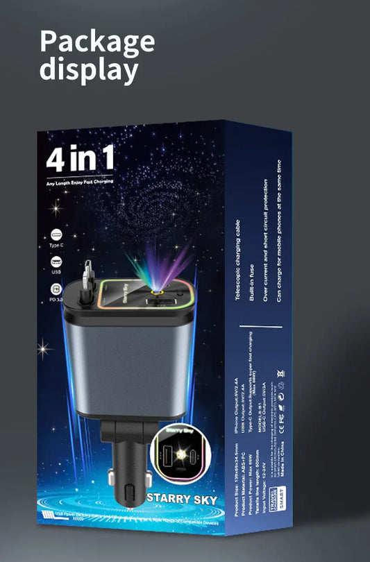 Premium 4-in-1 Car Charger – Retractable Cable, Star Atmosphere Lamp, USB-C & iOS Ports, 120W