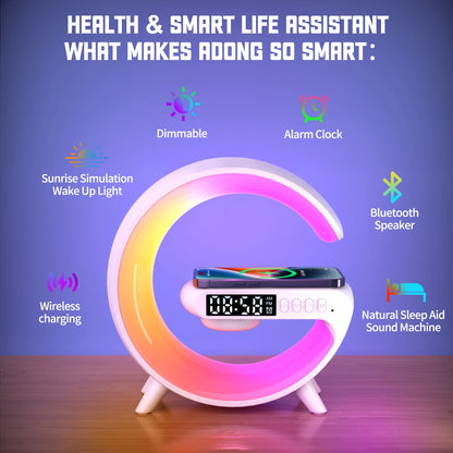 Rechargeable Smart LED Night Light – RGB Lamp with Wireless Speaker & Phone Charging Dock