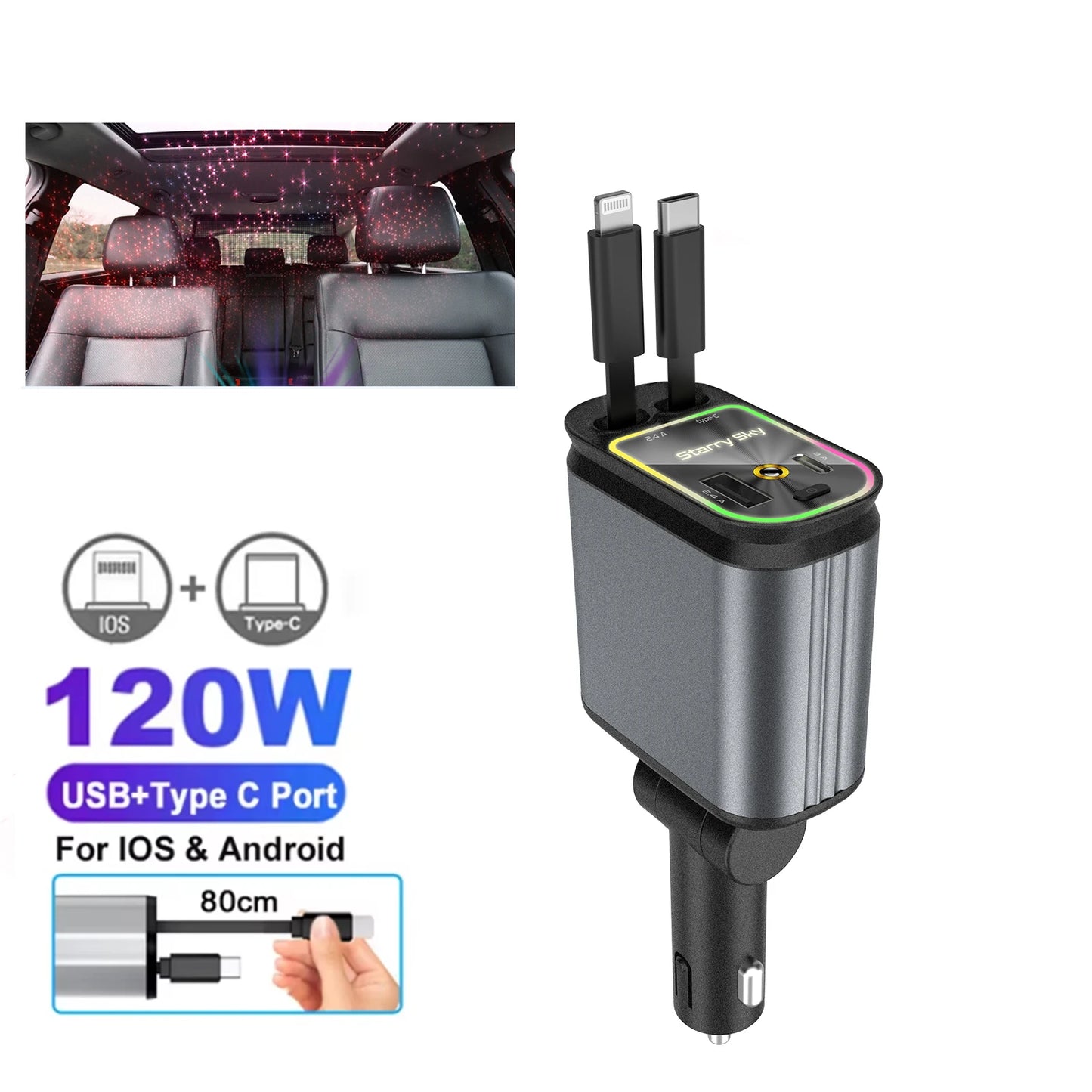 Premium 4-in-1 Car Charger – Retractable Cable, Star Atmosphere Lamp, USB-C & iOS Ports, 120W