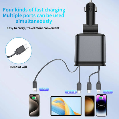 Premium 4-in-1 Car Charger – Retractable Cable, Star Atmosphere Lamp, USB-C & iOS Ports, 120W