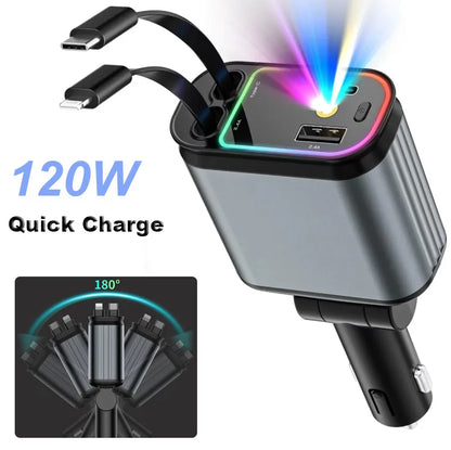 Premium 4-in-1 Car Charger – Retractable Cable, Star Atmosphere Lamp, USB-C & iOS Ports, 120W