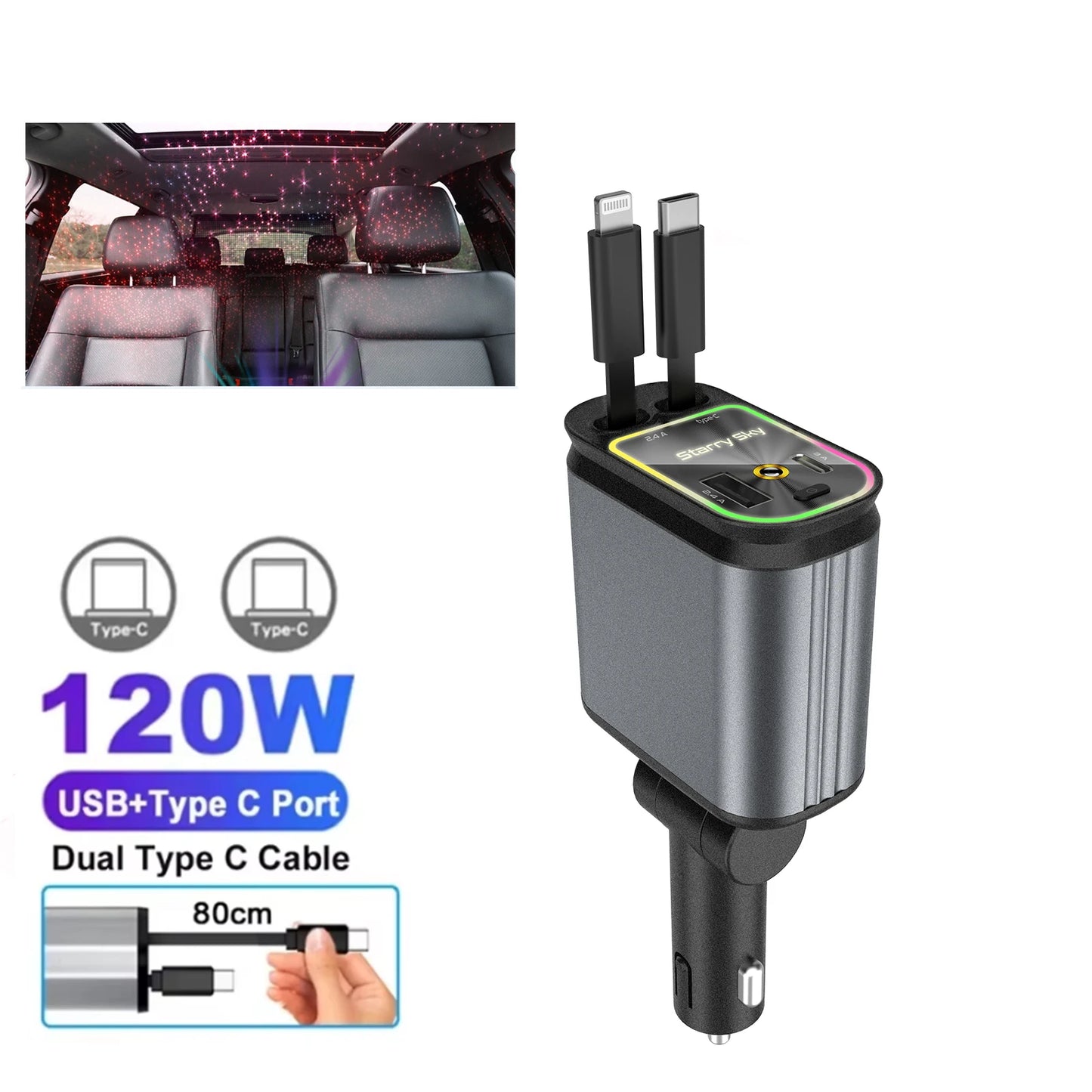 Premium 4-in-1 Car Charger – Retractable Cable, Star Atmosphere Lamp, USB-C & iOS Ports, 120W
